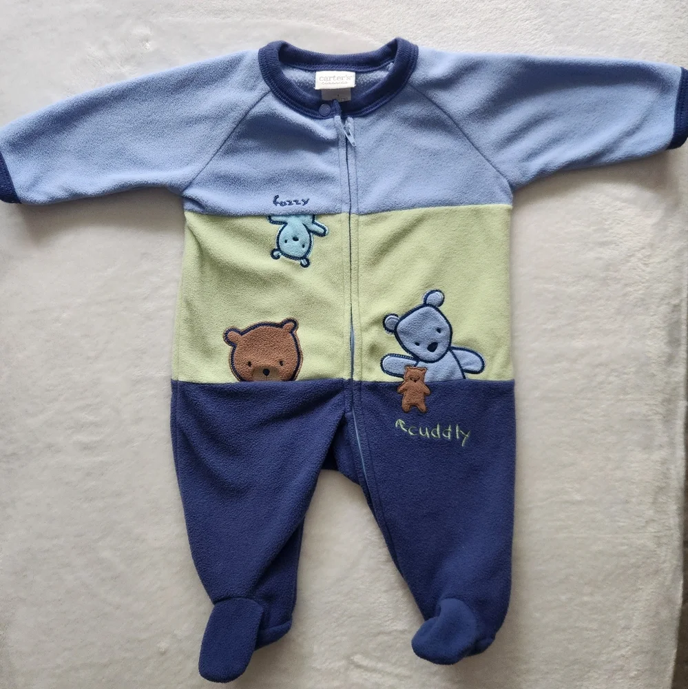 Vintage Carter's Classics 0-3 Month  Bear Blue Fleece Footed Pajama Y2K Baby Boy